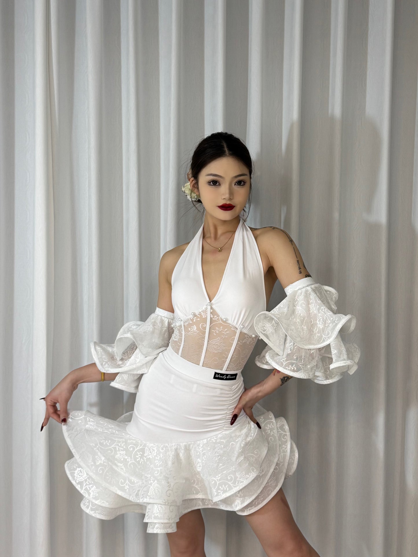 Wendy Dance | Moonlight | Latin Dance Ensemble - Elegant Outfit with Top, Skirt & Arm Cuffs White