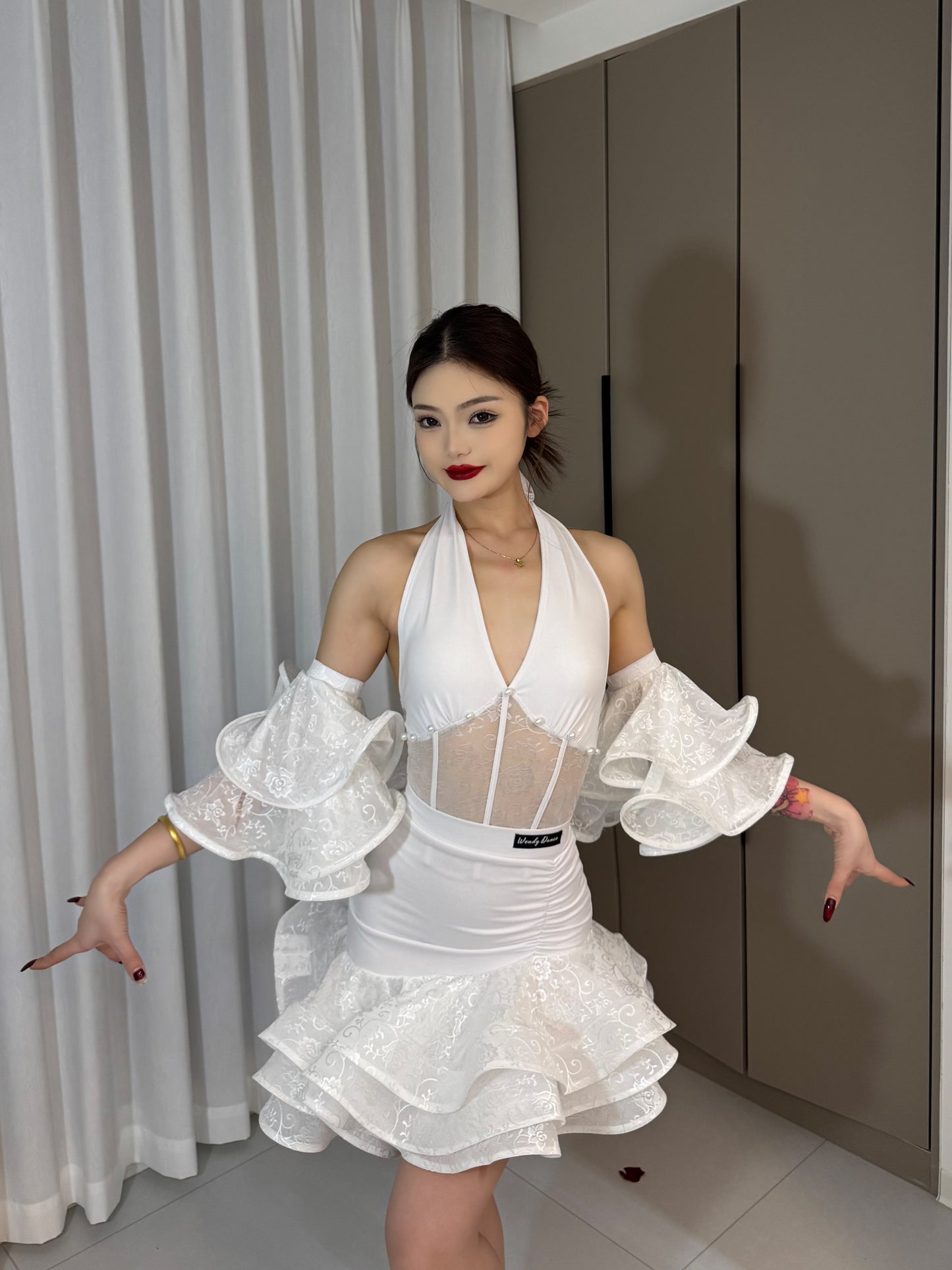 Wendy Dance | Moonlight | Latin Dance Ensemble - Elegant Outfit with Top, Skirt & Arm Cuffs White