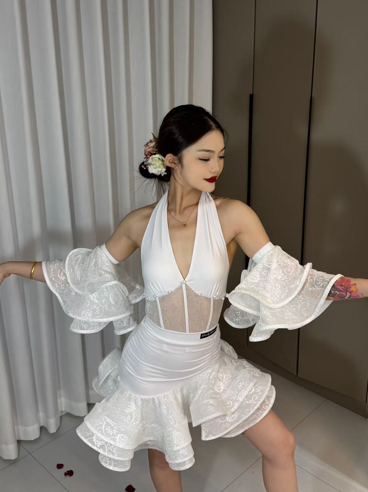 Moonlight | Wendy Dance | Latin Dance Ensemble - Elegant Outfit with Top, Skirt & Arm Cuffs White