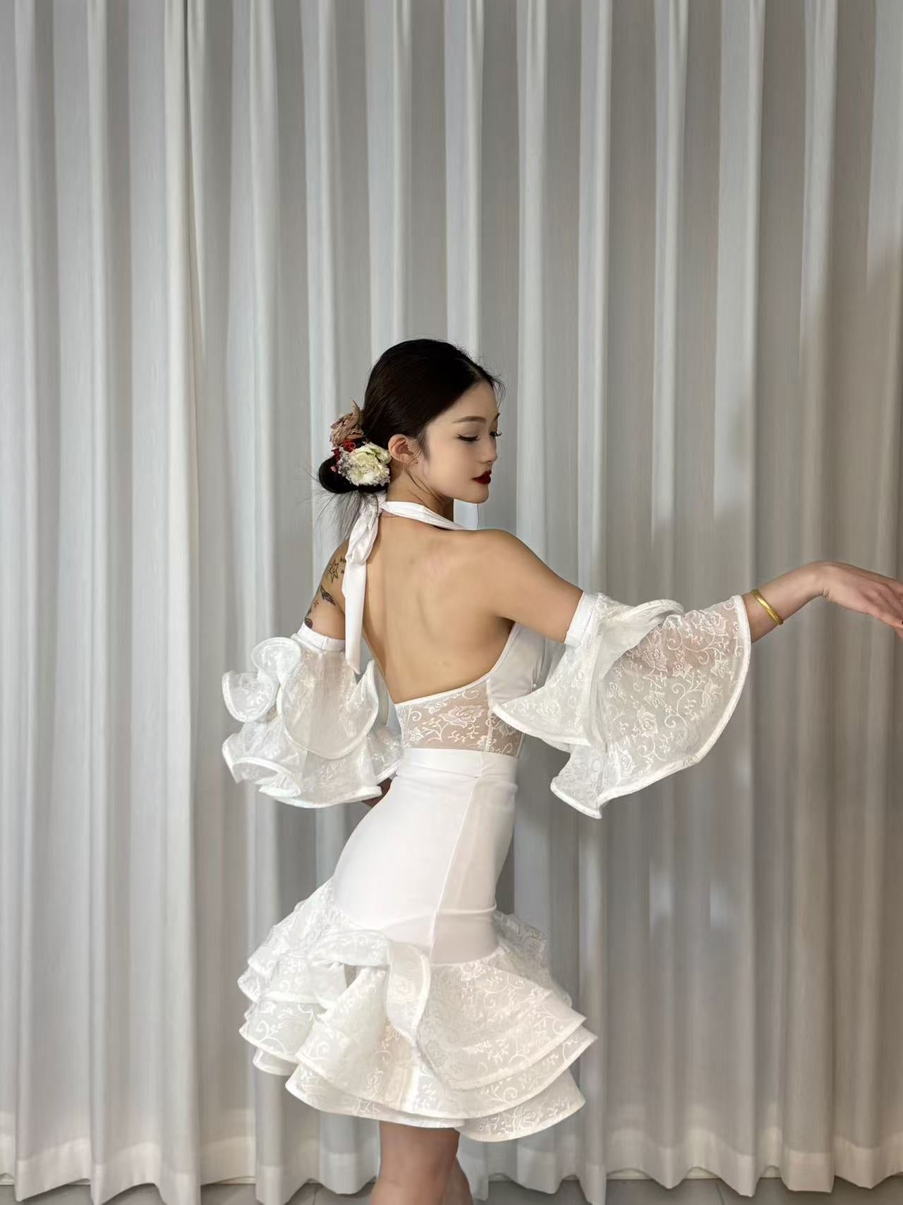 Moonlight | Wendy Dance | Latin Dance Ensemble - Elegant Outfit with Top, Skirt & Arm Cuffs White