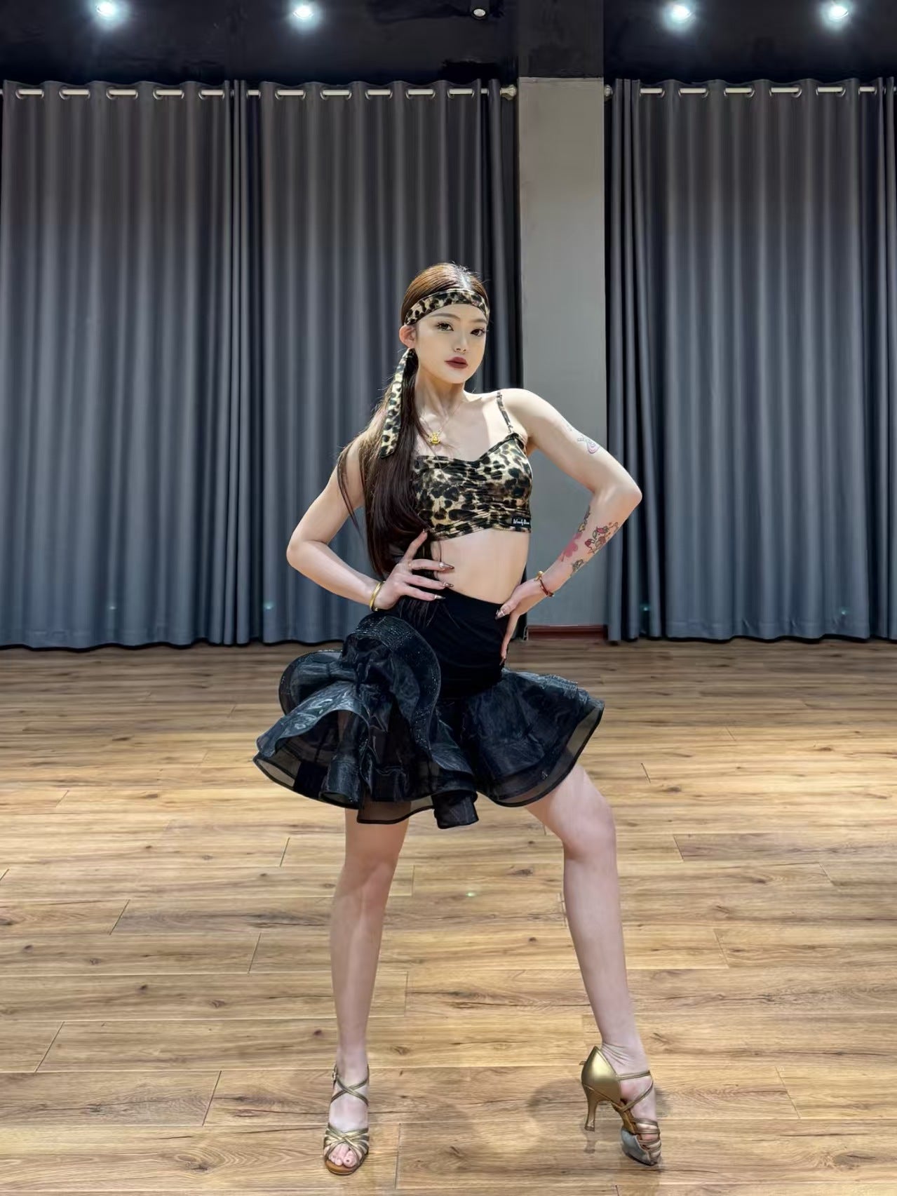 Gorgeous Wild Cat | Wendy Dance | Leopard-Print Latin Dance Set: Crop Top & Ruffled Mini Skirt