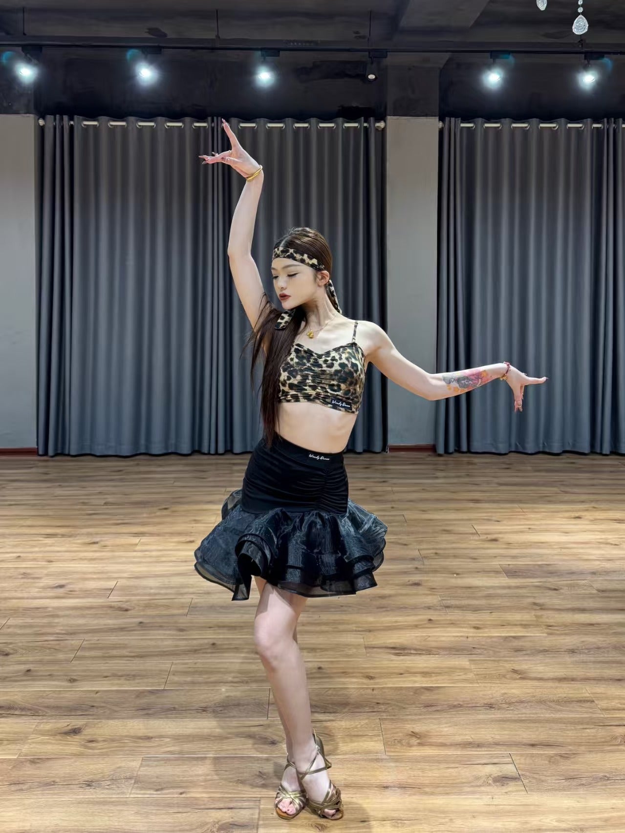 Gorgeous Wild Cat | Wendy Dance | Leopard-Print Latin Dance Set: Crop Top & Ruffled Mini Skirt