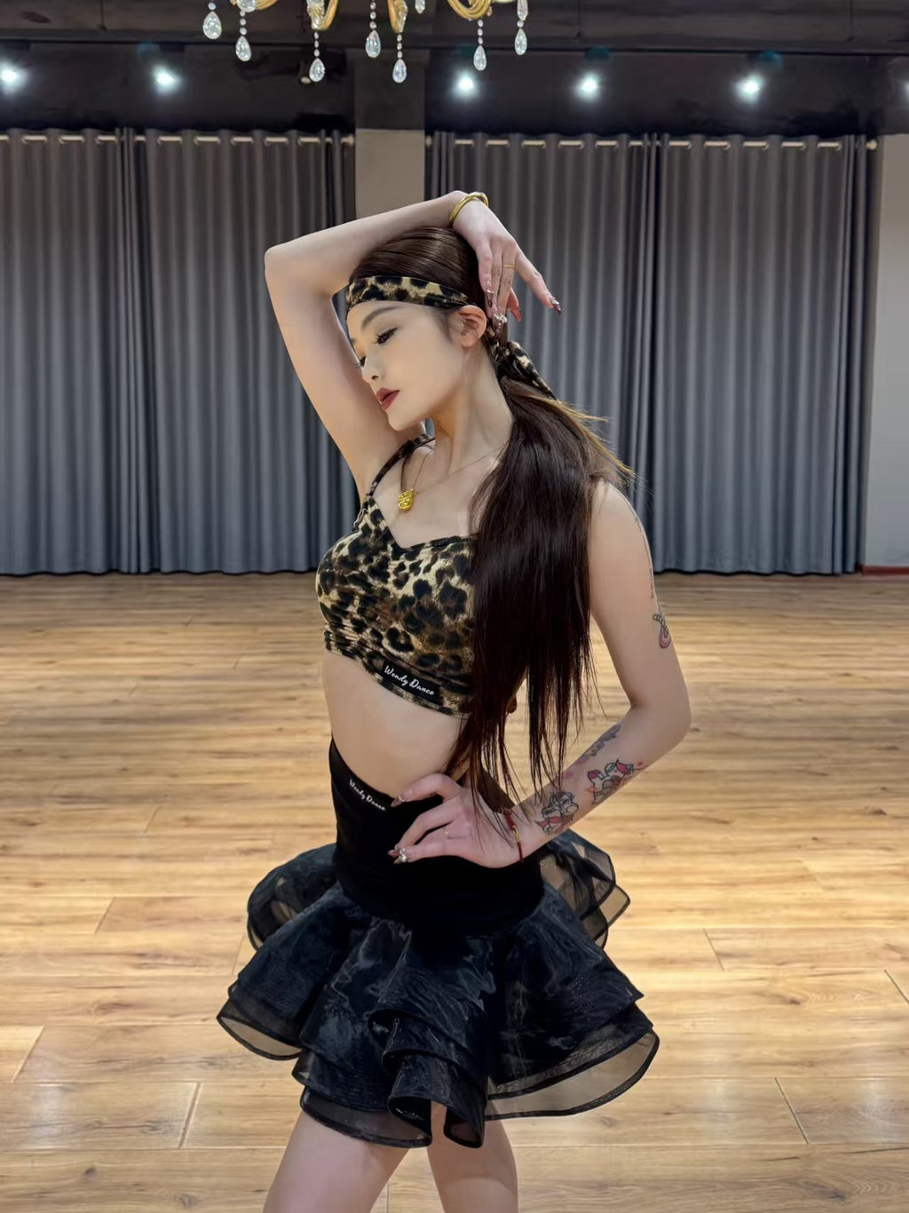 Gorgeous Wild Cat | Wendy Dance | Leopard-Print Latin Dance Set: Crop Top & Ruffled Mini Skirt