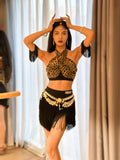 Wild Pulse Leopard Collection | Jungle Tassel Diva | Halter-neck Latin Dance Top&Skirt | TOAO