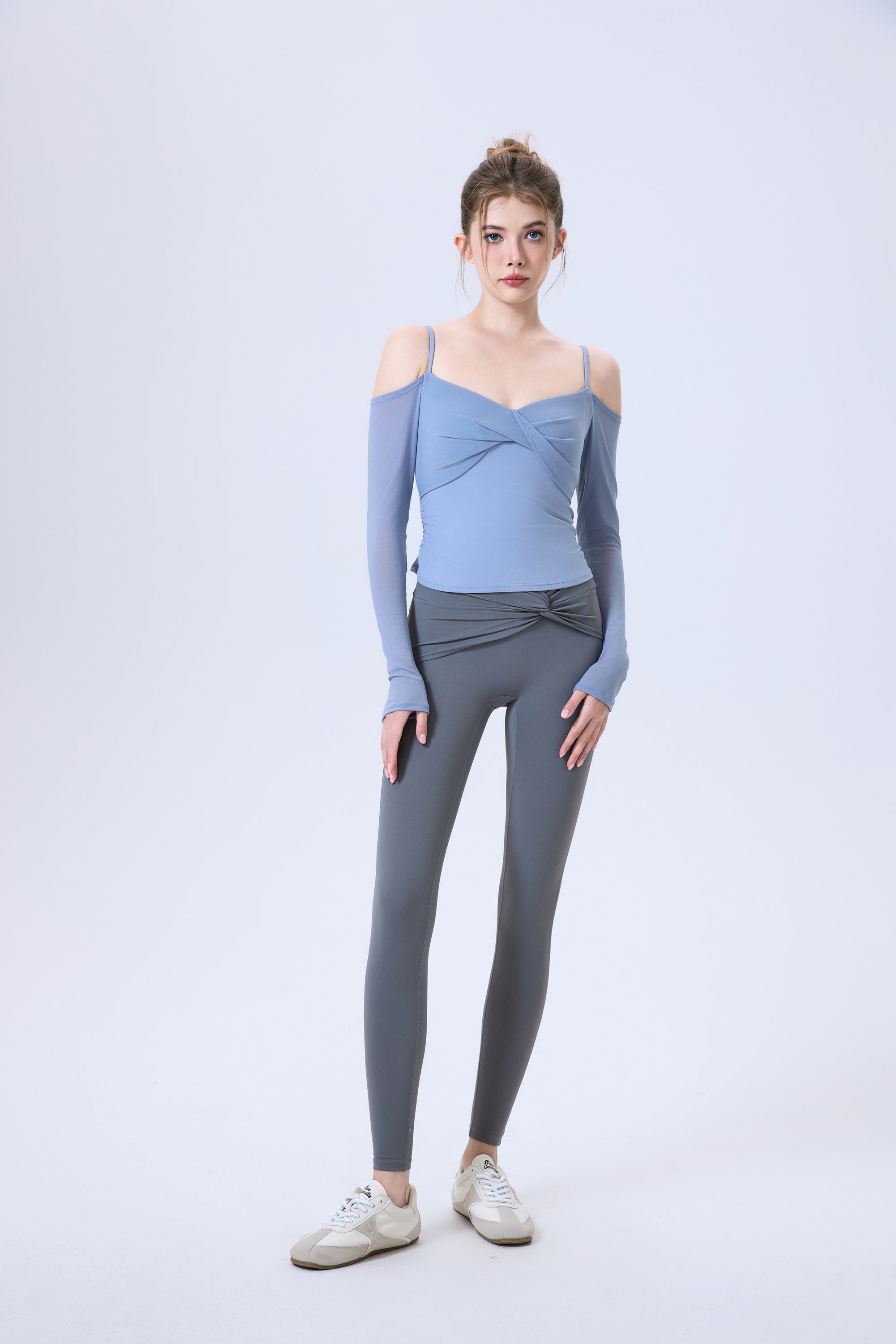 「Chai Latte」Off-Shoulder Mesh Top - Dance Top, Yoga Top, Athletic Wear