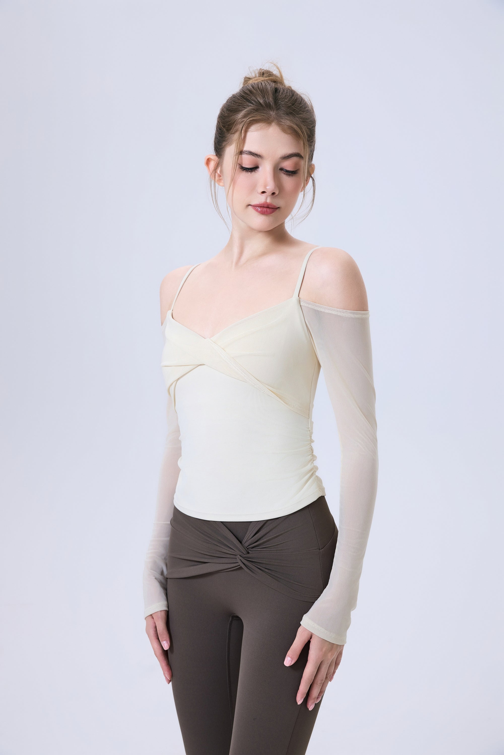 「Chai Latte」Off-Shoulder Mesh Top - Dance Top, Yoga Top, Athletic Wear
