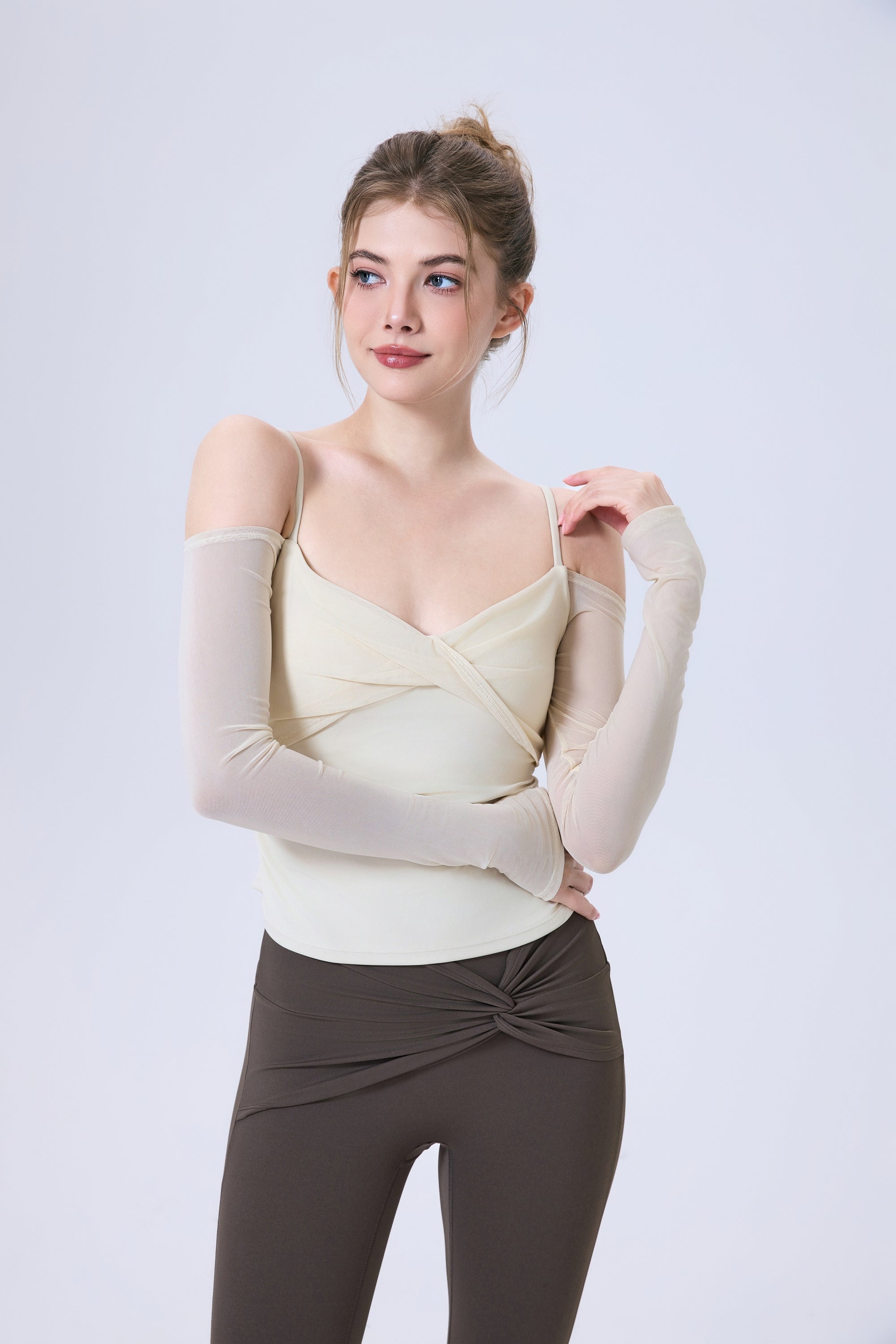 「Chai Latte」Off-Shoulder Mesh Top - Dance Top, Yoga Top, Athletic Wear