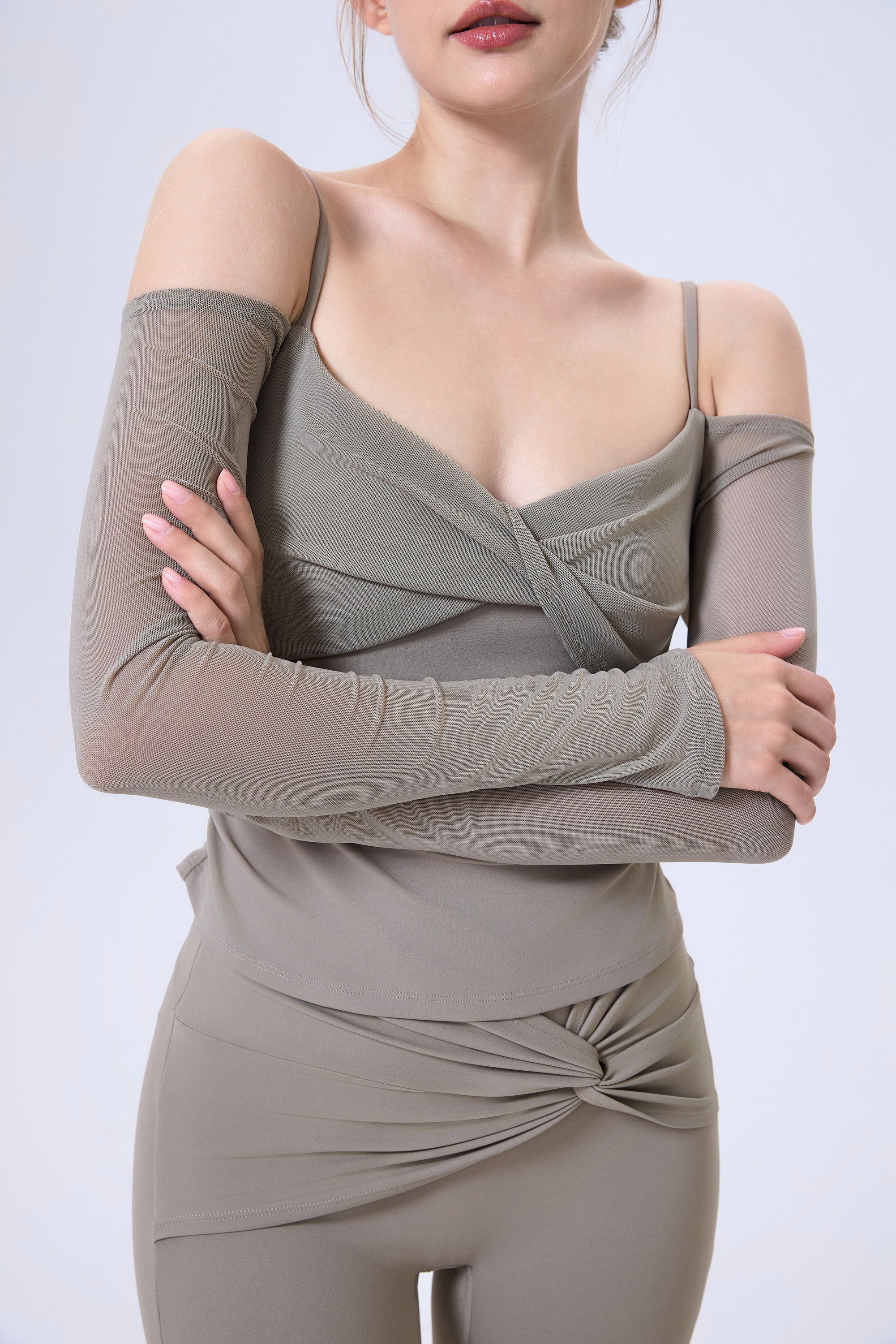 「Chai Latte」Off-Shoulder Mesh Top - Dance Top, Yoga Top, Athletic Wear