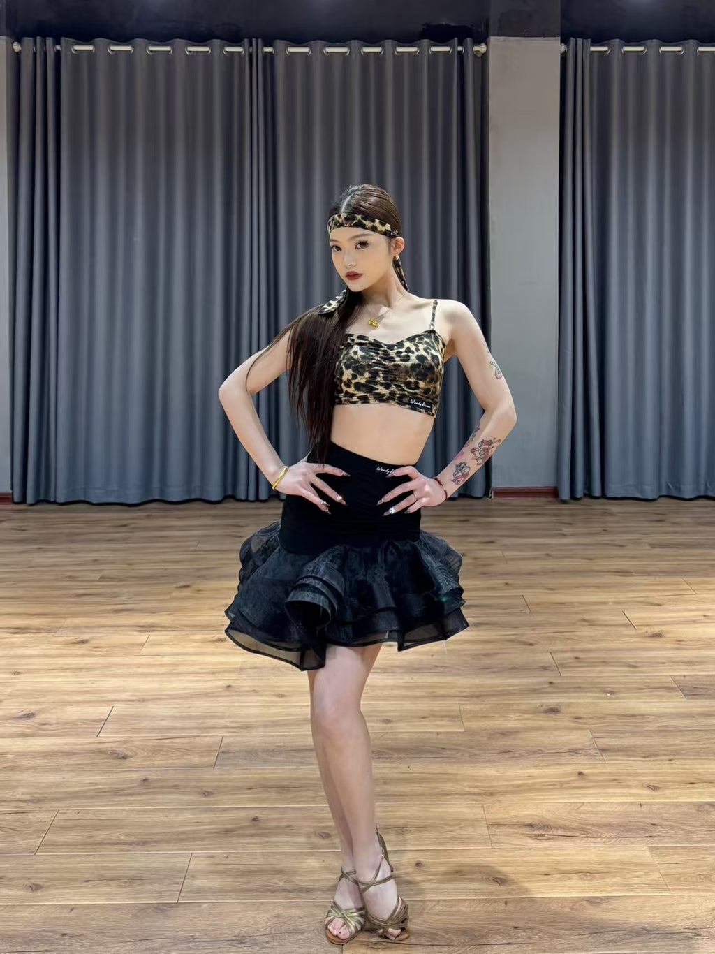 Gorgeous Wild Cat | Wendy Dance | Leopard-Print Latin Dance Set: Crop Top & Ruffled Mini Skirt