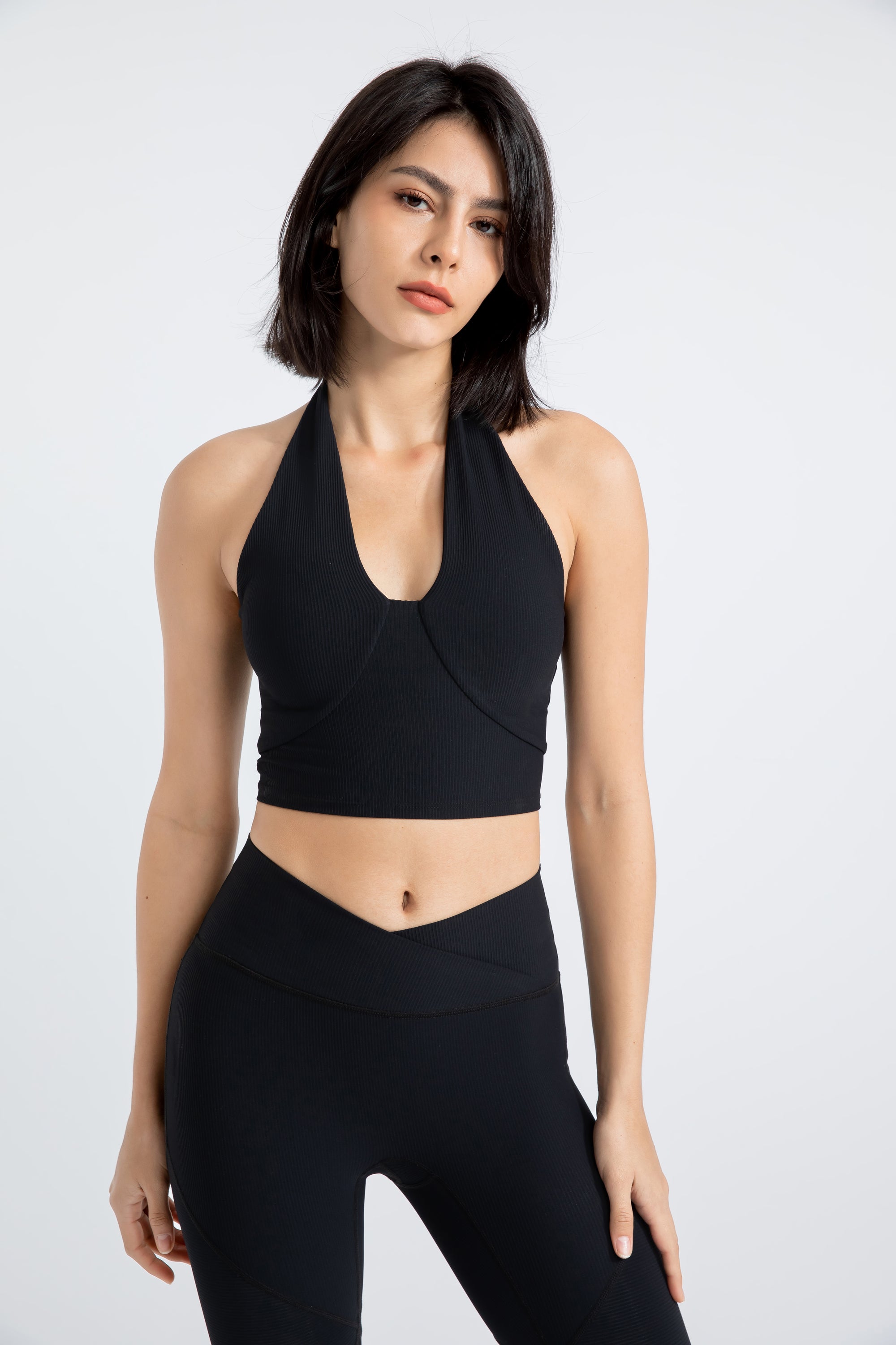 「Ivory Ripple」Halter Ribbed Crop Top - Pilates Top, Yoga Bra, Dancerwear
