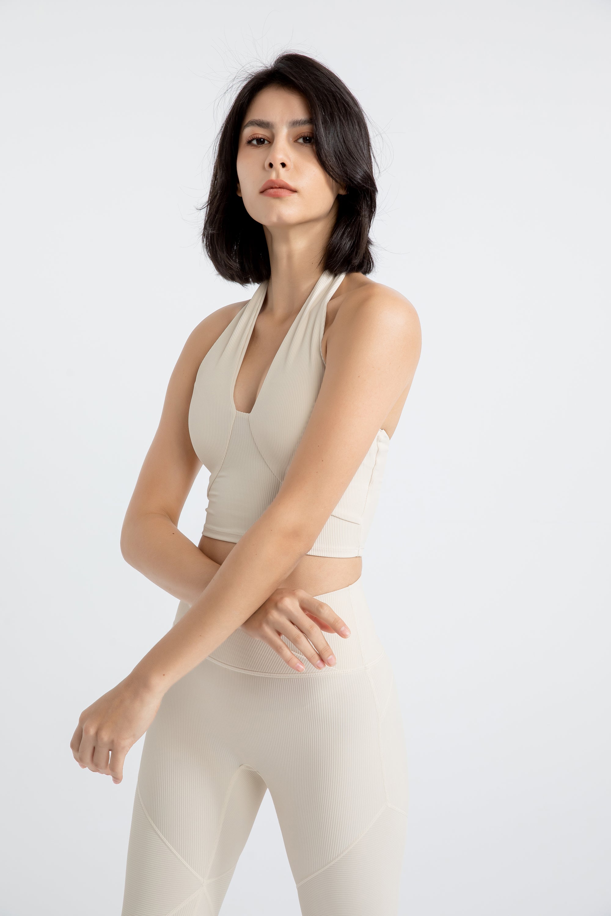 「Ivory Ripple」Halter Ribbed Crop Top - Pilates Top, Yoga Bra, Dancerwear