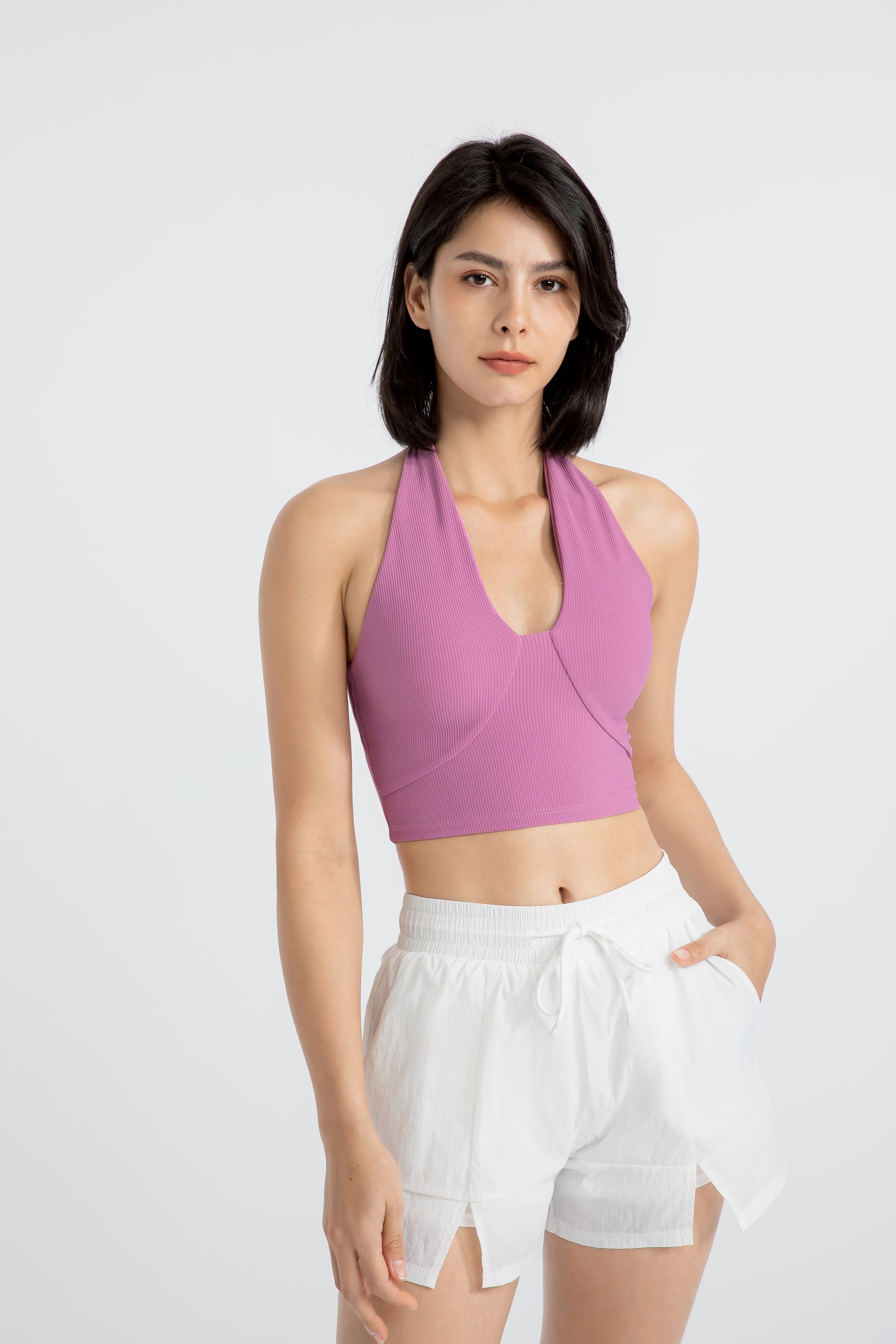 「Ivory Ripple」Halter Ribbed Crop Top - Pilates Top, Yoga Bra, Dancerwear