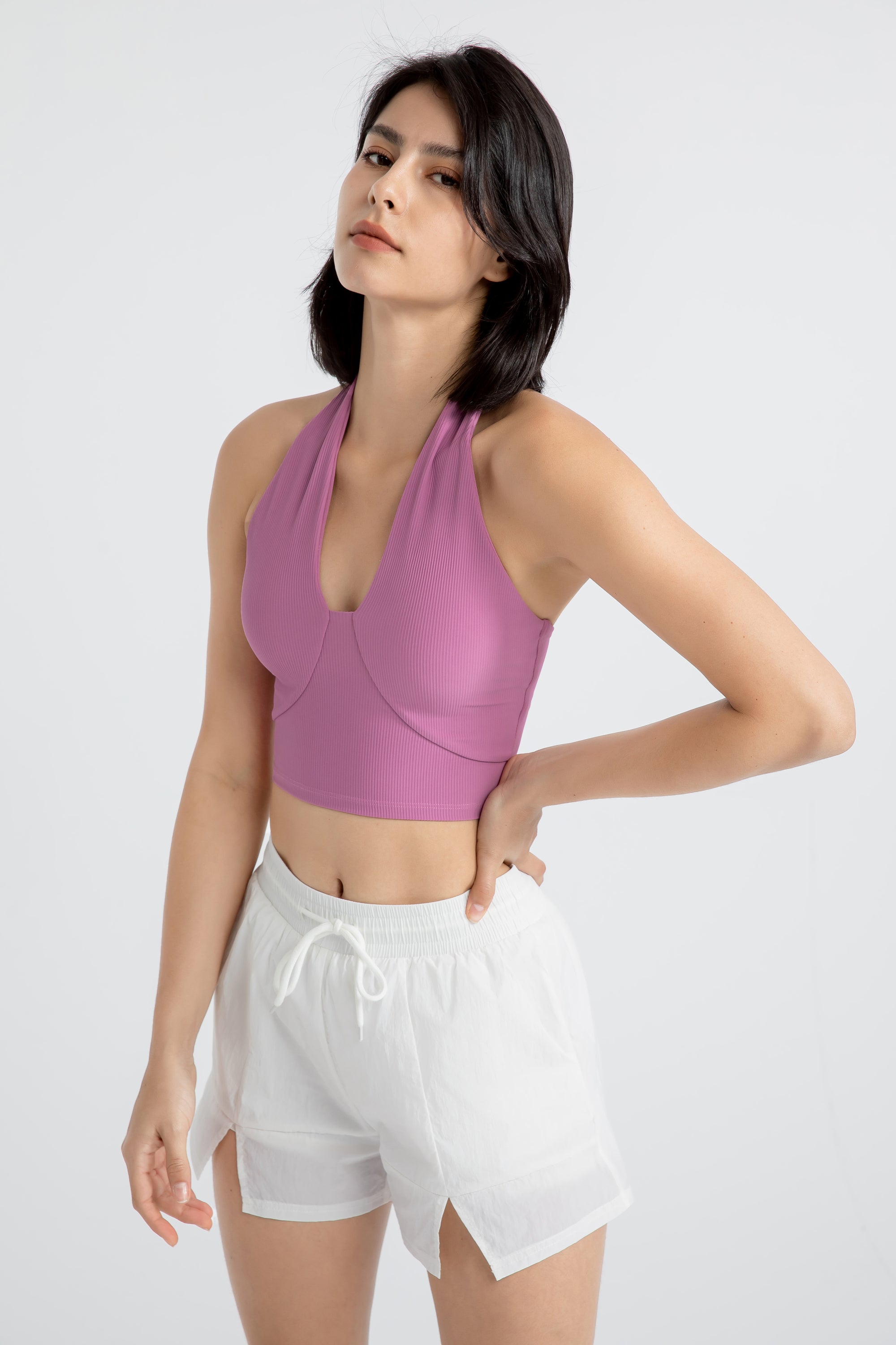 「Ivory Ripple」Halter Ribbed Crop Top - Pilates Top, Yoga Bra, Dancerwear